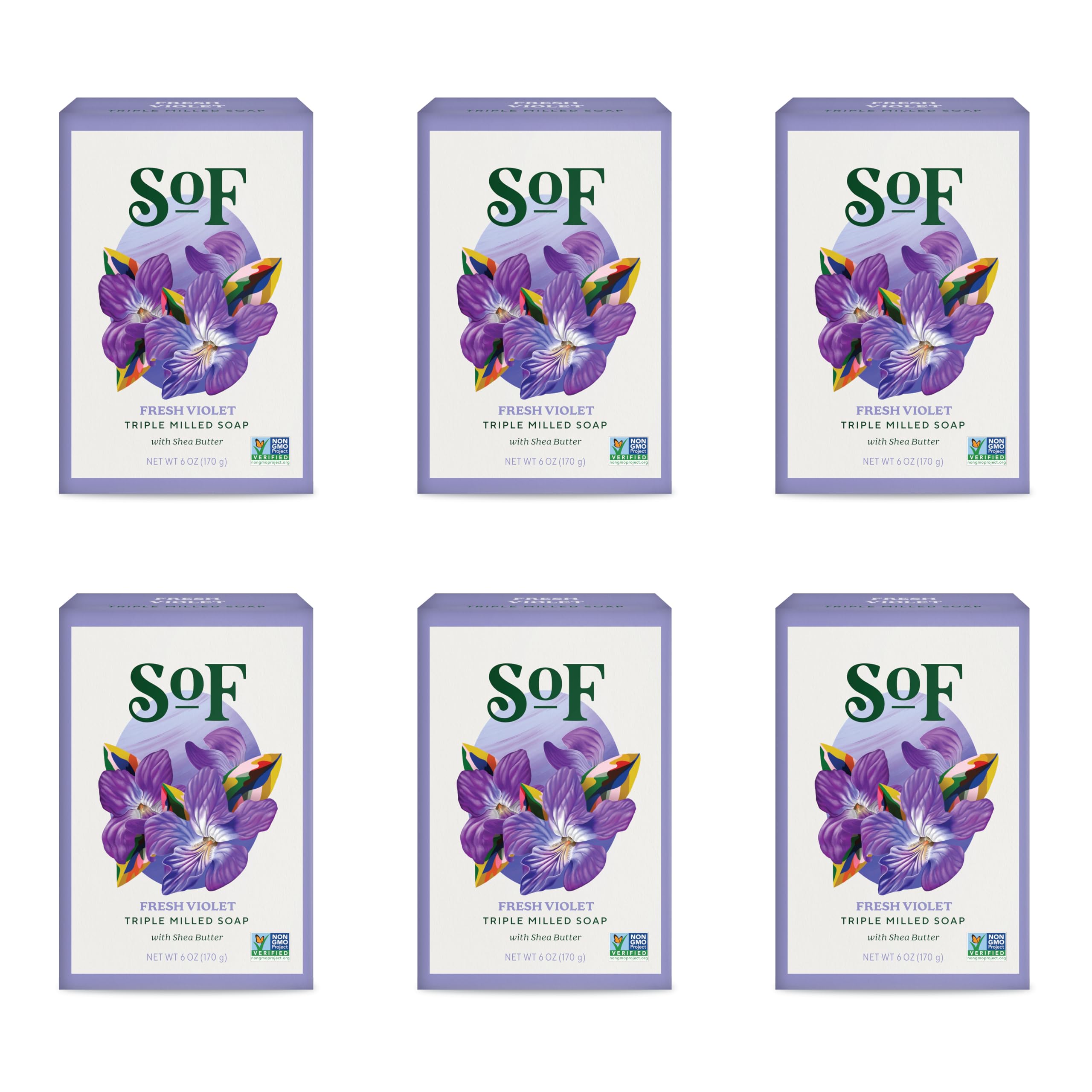 South Of France SoF Triple Milled Bar Soap – Fresh Violet with Coconut Oil & Organic Shea Butter | 6 oz Bar (6 Bars) | Vegan & Non-GMO