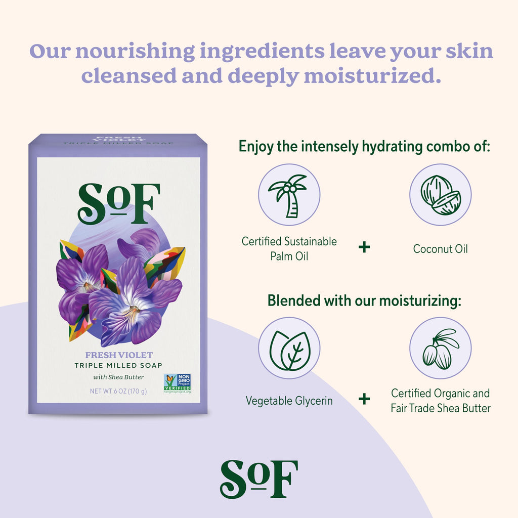 South Of France SoF Triple Milled Bar Soap – Fresh Violet with Coconut Oil & Organic Shea Butter | 6 oz Bar (6 Bars) | Vegan & Non-GMO