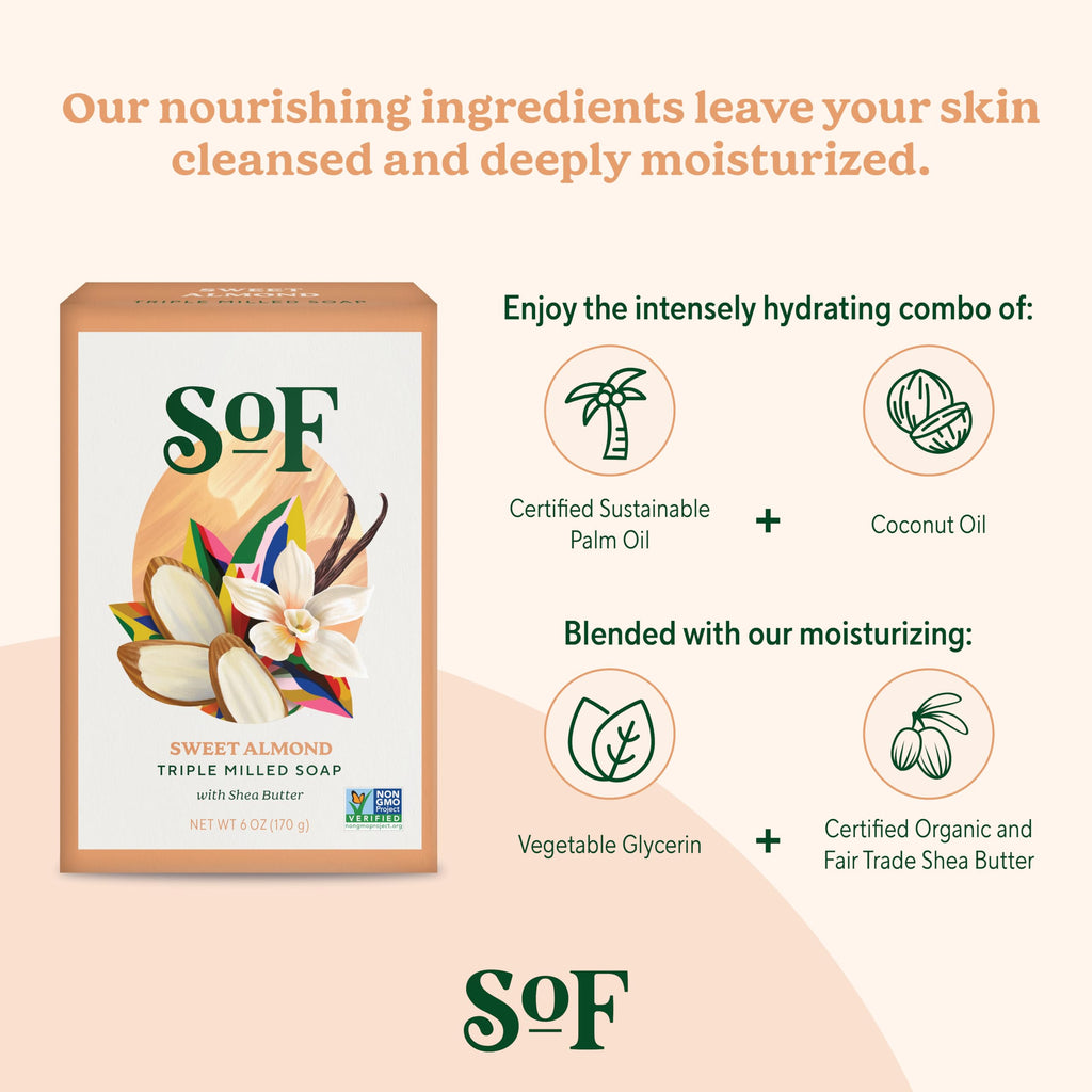 South Of France SoF Triple Milled Soap – Coconut Oil & Organic Shea Butter, Vegan & Non-GMO, Sweet Almond, 6 Bars (6 oz each)