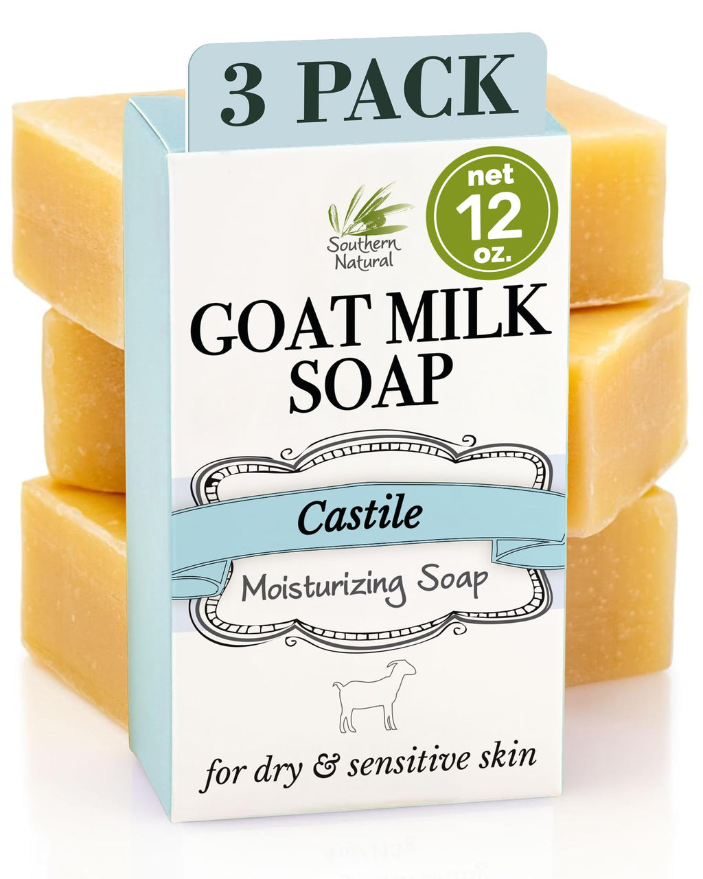 Southern Natural Goat Milk Soap Bar Castile 3-Pack – Unscented for Dry, Sensitive Skin