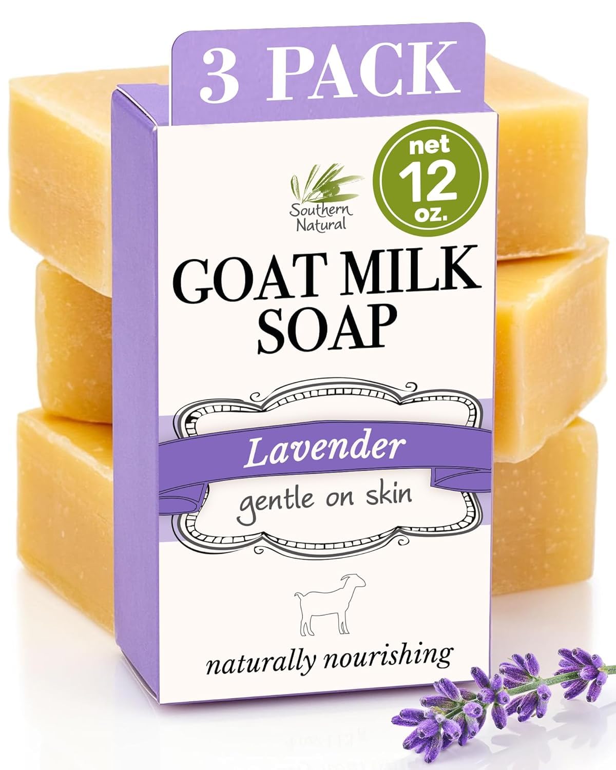 Southern Natural Goat Milk Soap Bar Lavender 3-Pack – Natural Handmade Soap for Dry, Sensitive Skin