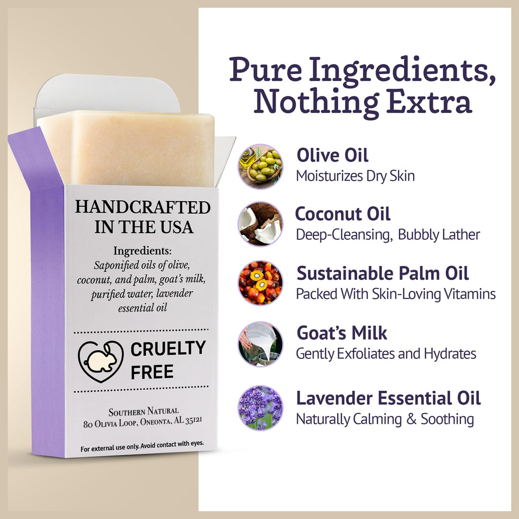 Southern Natural Goat Milk Soap Bar Lavender 3-Pack – Natural Handmade Soap for Dry, Sensitive Skin