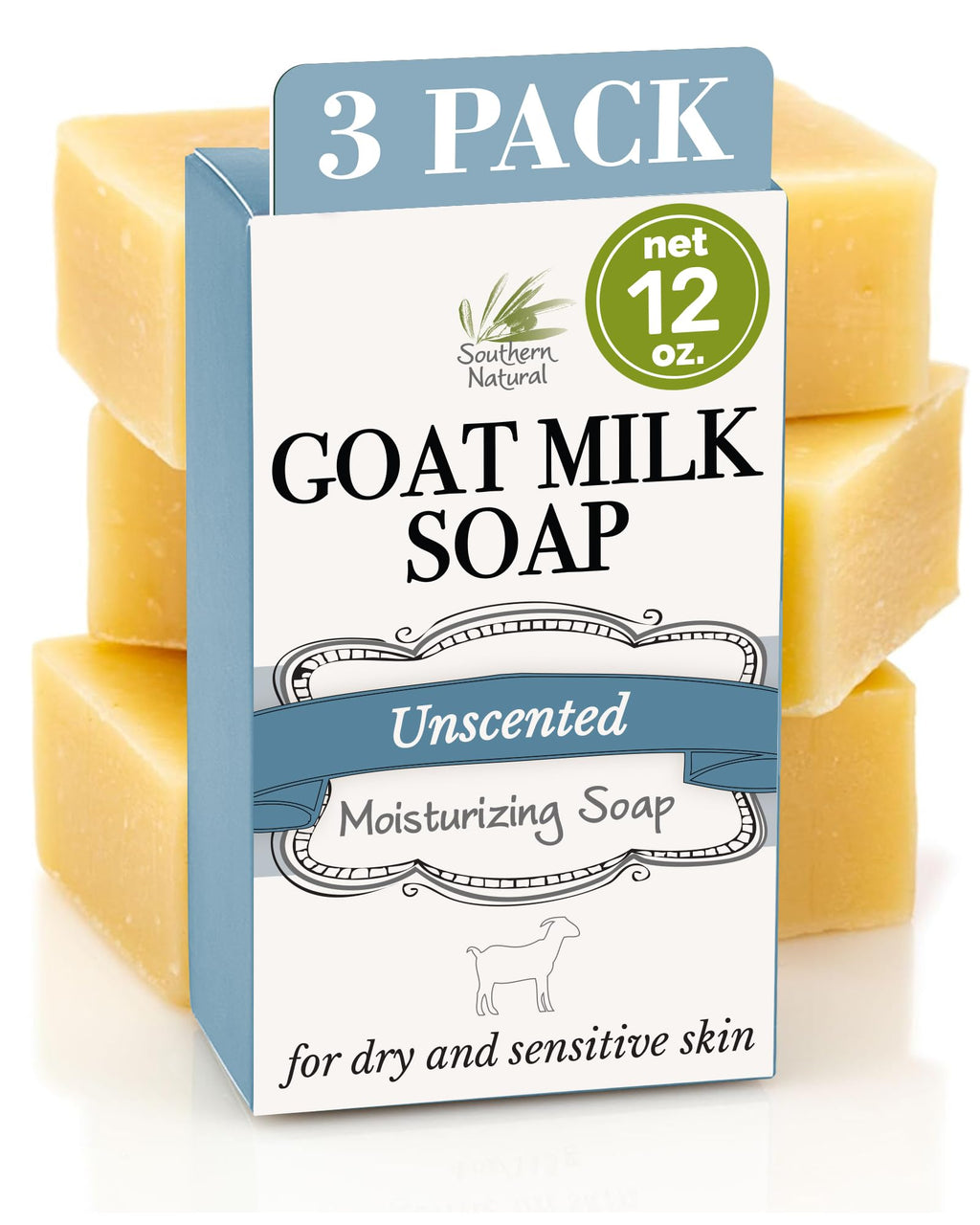 Southern Natural Goat Milk Soap Bar (Unscented 3 Pack) for Dry Sensitive Skin