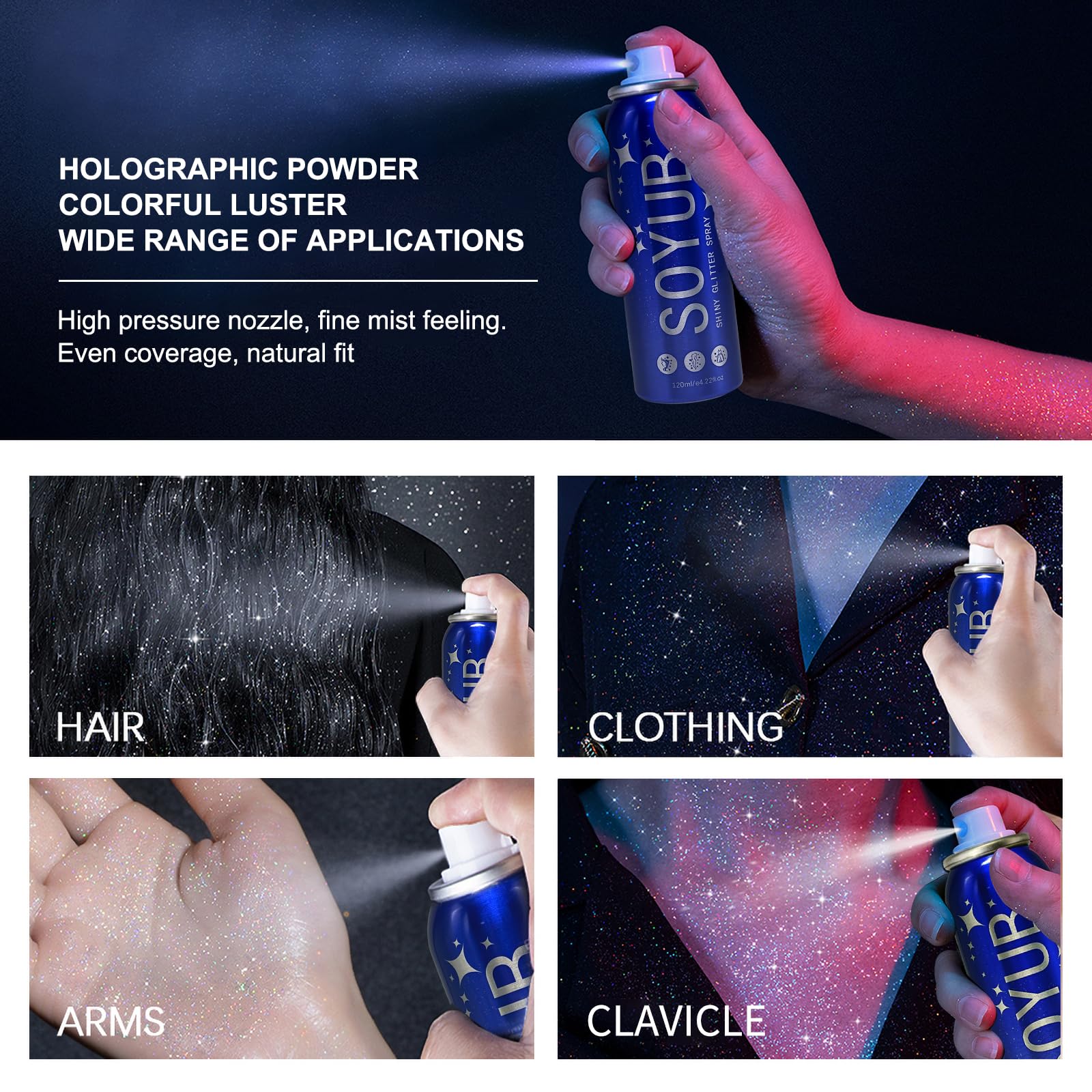 SOYUB Body Glitter Spray for Hair and Body | Quick-Dry, Long-Lasting Glitter Hairspray for Festivals & Parties