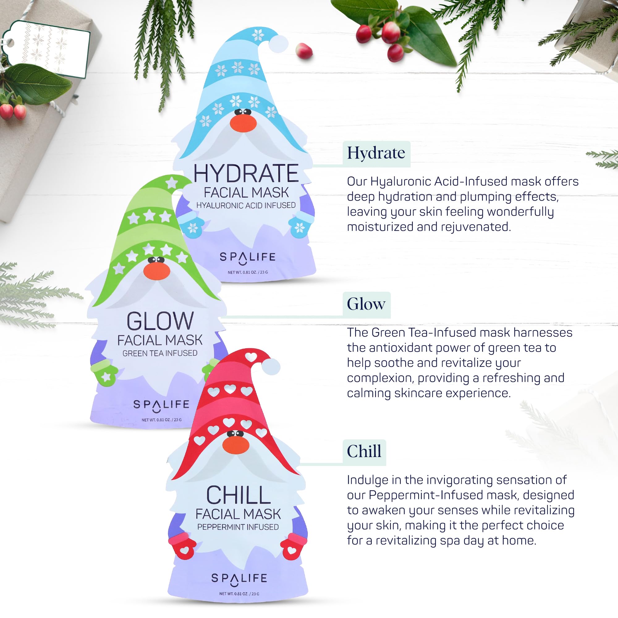 SpaLife Holiday Gnome Facial Masks 9 Pack | Korean Sheet Masks for Hydration, Glow & Self-Care