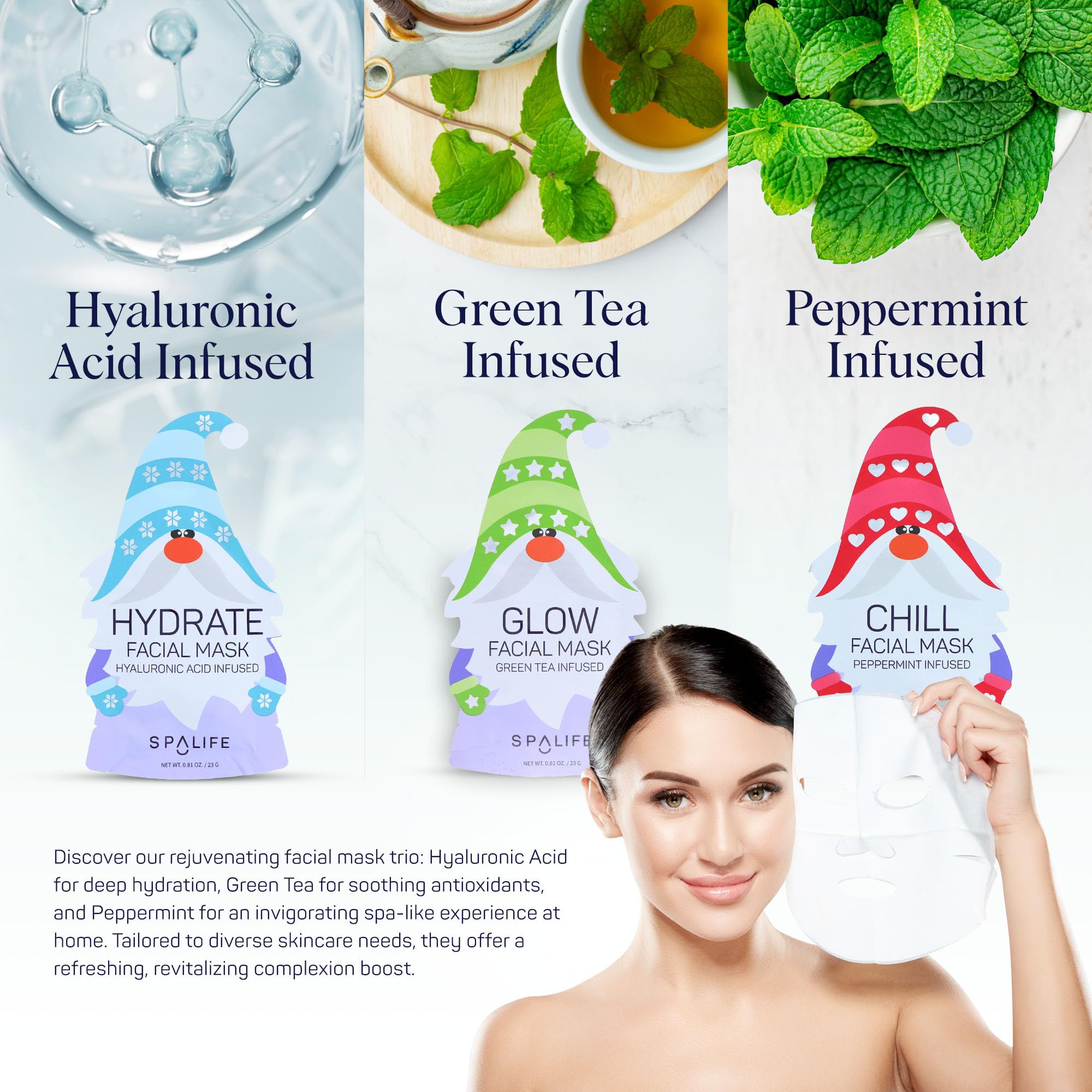 SpaLife Holiday Gnome Facial Masks 9 Pack | Korean Sheet Masks for Hydration, Glow & Self-Care