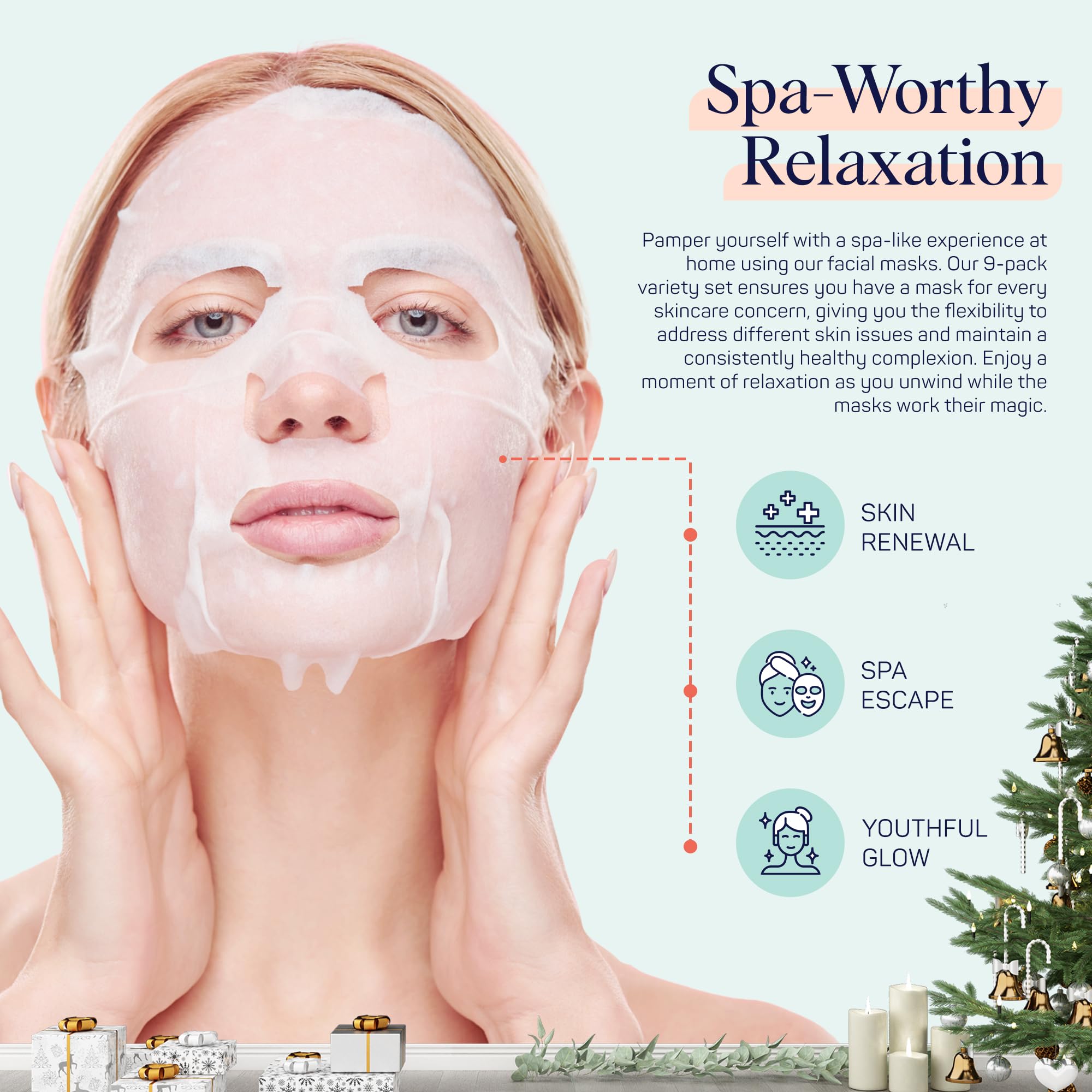 SpaLife Holiday Gnome Facial Masks 9 Pack | Korean Sheet Masks for Hydration, Glow & Self-Care