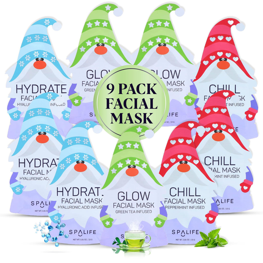 SpaLife Holiday Gnome Facial Masks 9 Pack | Korean Sheet Masks for Hydration, Glow & Self-Care