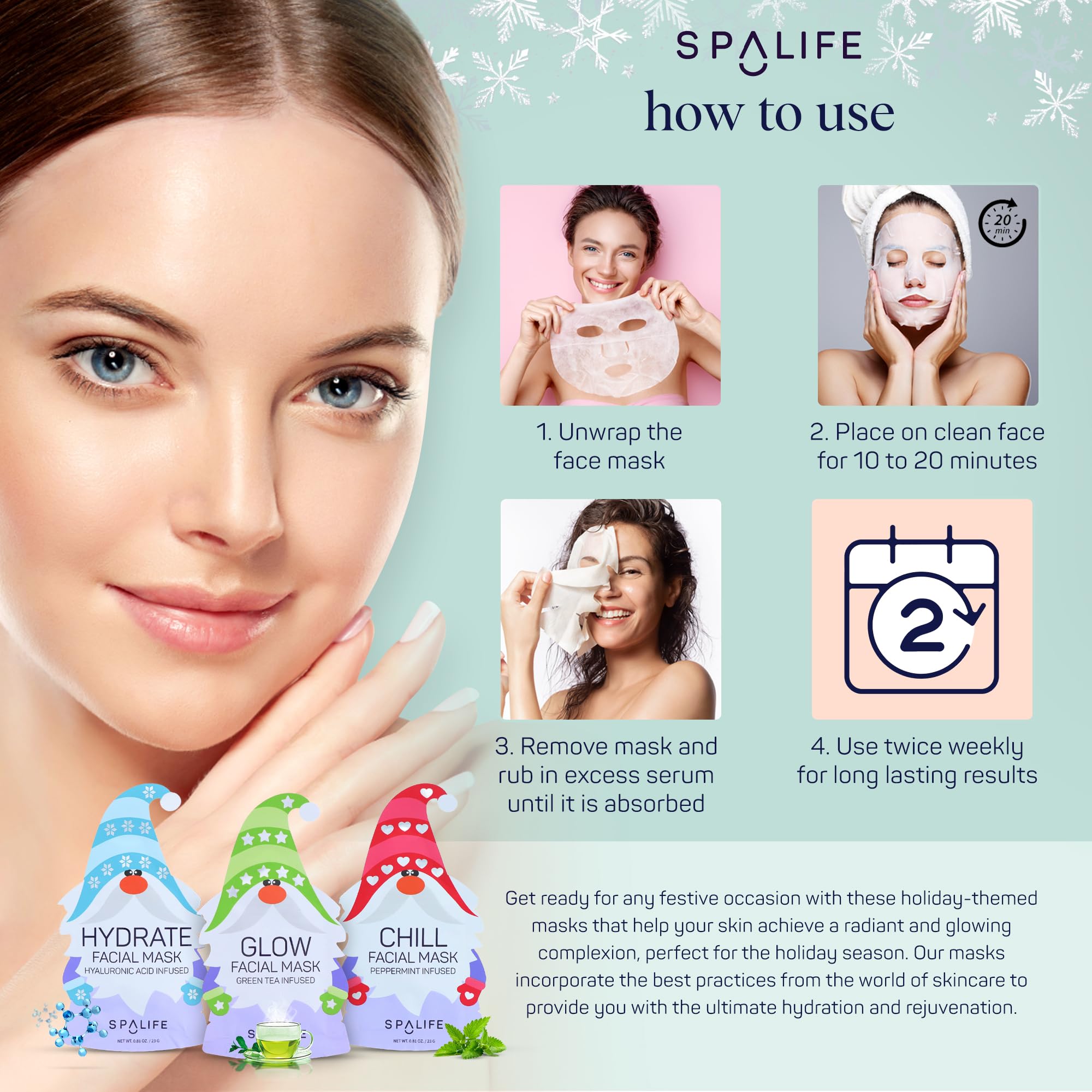 SpaLife Holiday Gnome Facial Masks 9 Pack | Korean Sheet Masks for Hydration, Glow & Self-Care