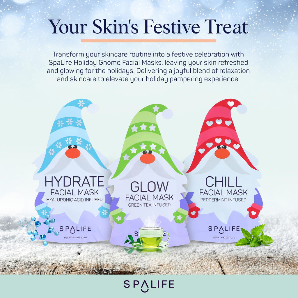 SpaLife Holiday Gnome Facial Masks 9 Pack | Korean Sheet Masks for Hydration, Glow & Self-Care