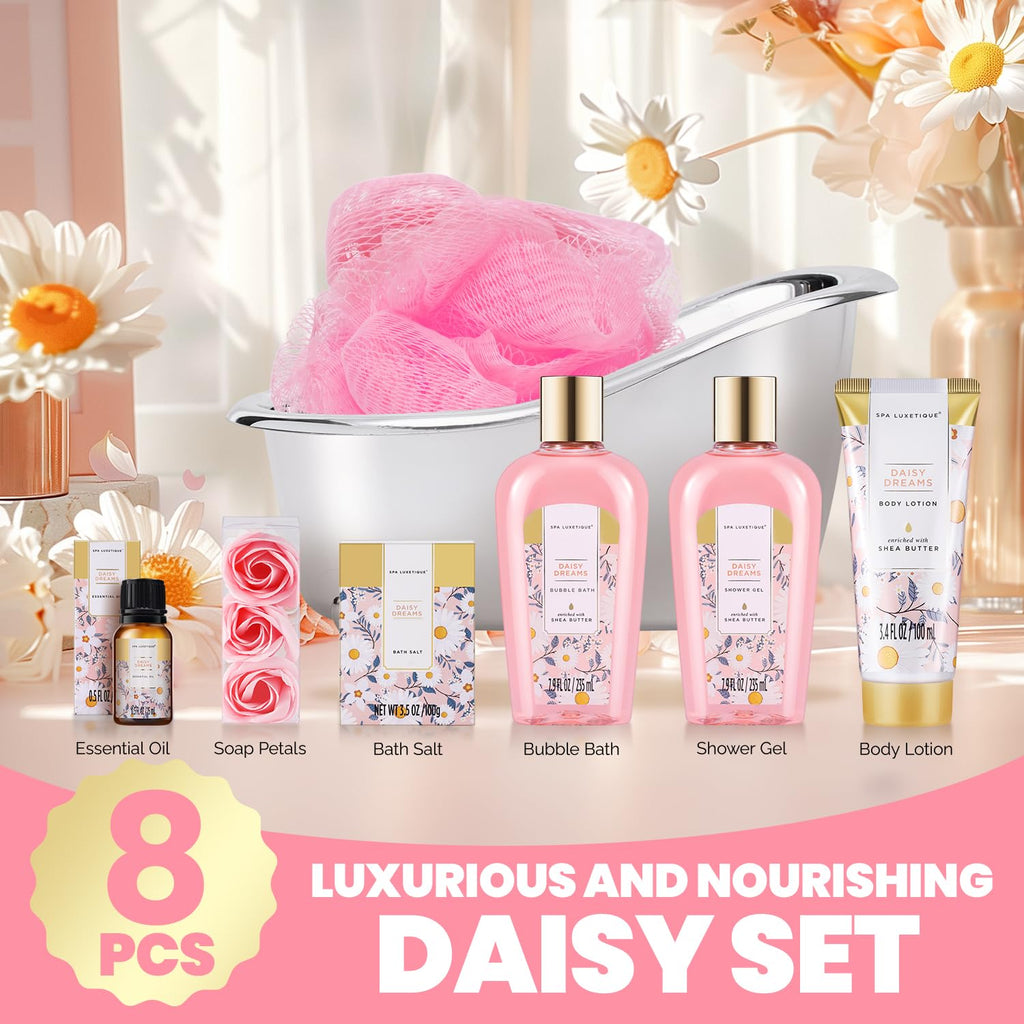 Spa Luxetique Daisy Gift Basket – 8pc Bath & Body Gift Set for Women