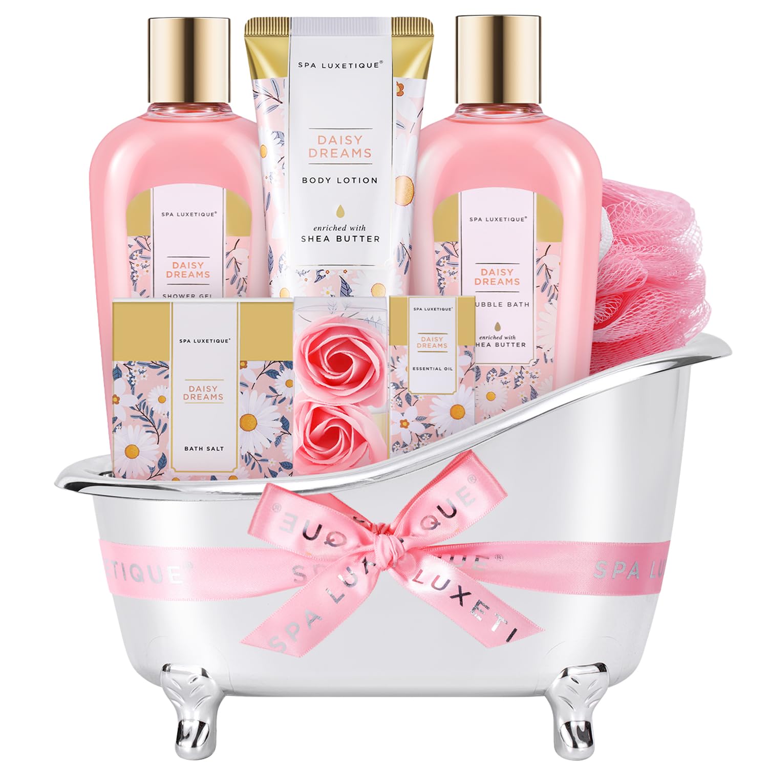 Spa Luxetique Daisy Gift Basket – 8pc Bath & Body Gift Set for Women