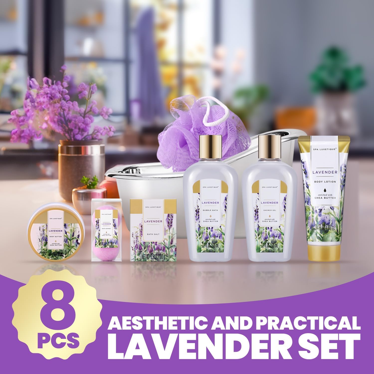 Spa Luxetique 8-Piece Lavender Bath Gift Set — Luxury Spa Basket for Her