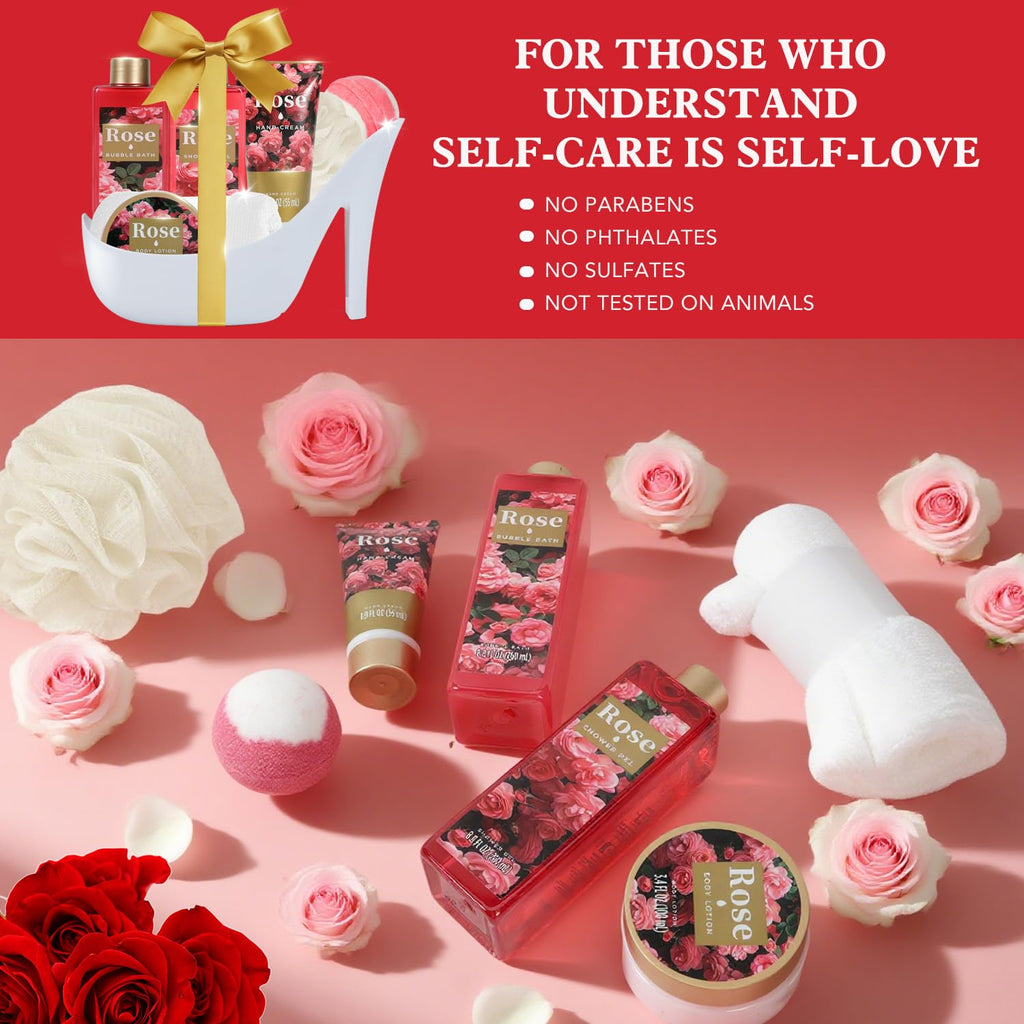 Spa Luxetique World – High Heel Gift Set for Women (8pc Rose Bath Kit) | Valentine’s Day Gift