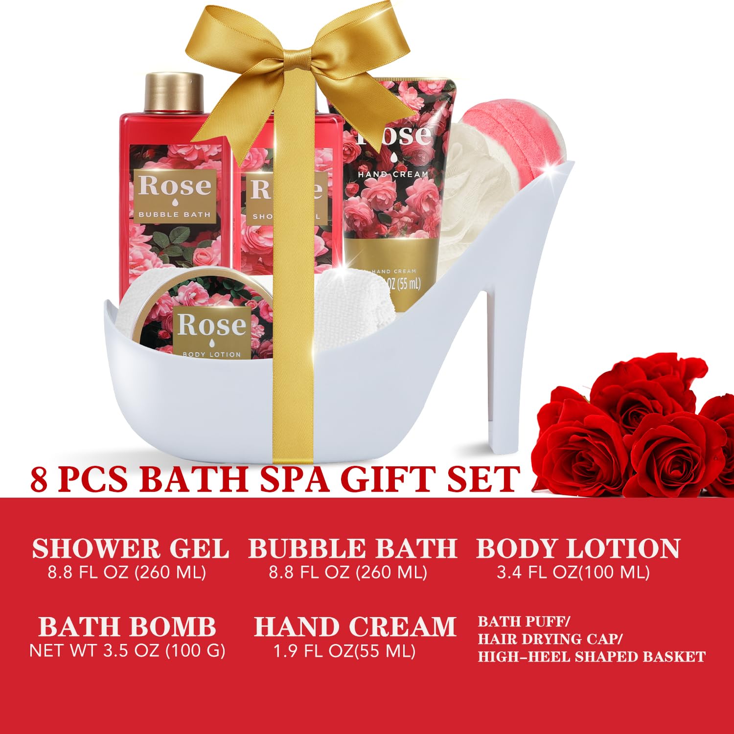 Spa Luxetique World – High Heel Gift Set for Women (8pc Rose Bath Kit) | Valentine’s Day Gift