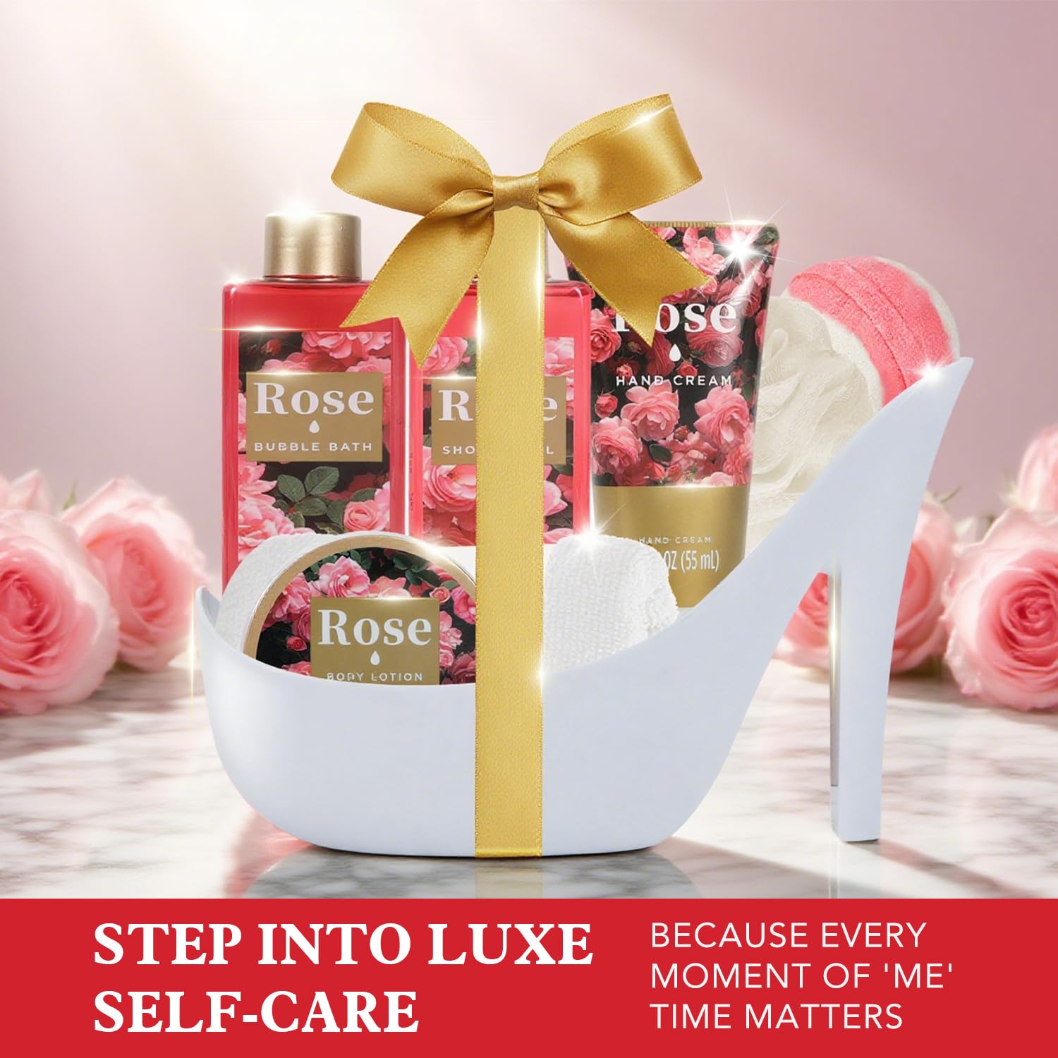 Spa Luxetique World – High Heel Gift Set for Women (8pc Rose Bath Kit) | Valentine’s Day Gift