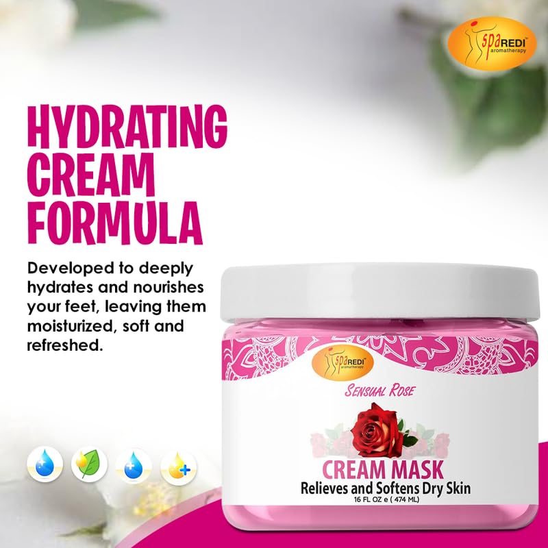 SPA REDI Body & Foot Cream Mask, Sensual Rose – Hydrating 16 oz with Hyaluronic Acid & Amino Acids