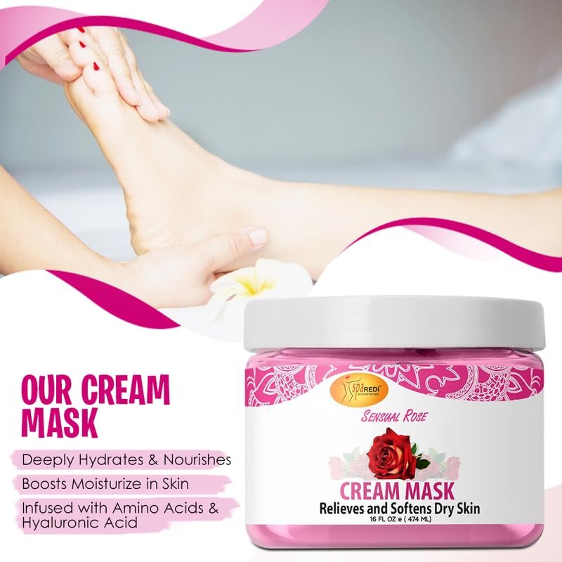 SPA REDI Body & Foot Cream Mask, Sensual Rose – Hydrating 16 oz with Hyaluronic Acid & Amino Acids