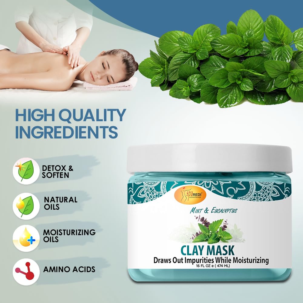SPA REDI Clay Mask Mint & Eucalyptus 16 oz – Pore Purifying & Hydrating