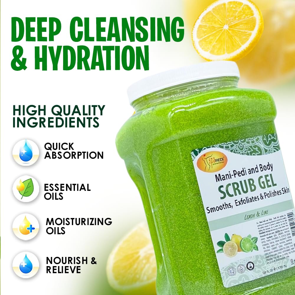 SPA REDI Lemon and Lime Pumice Scrub Gel – Exfoliating, Hydrating & Nourishing with Hyaluronic Acid, Amino Acids & Panthenol – 128oz