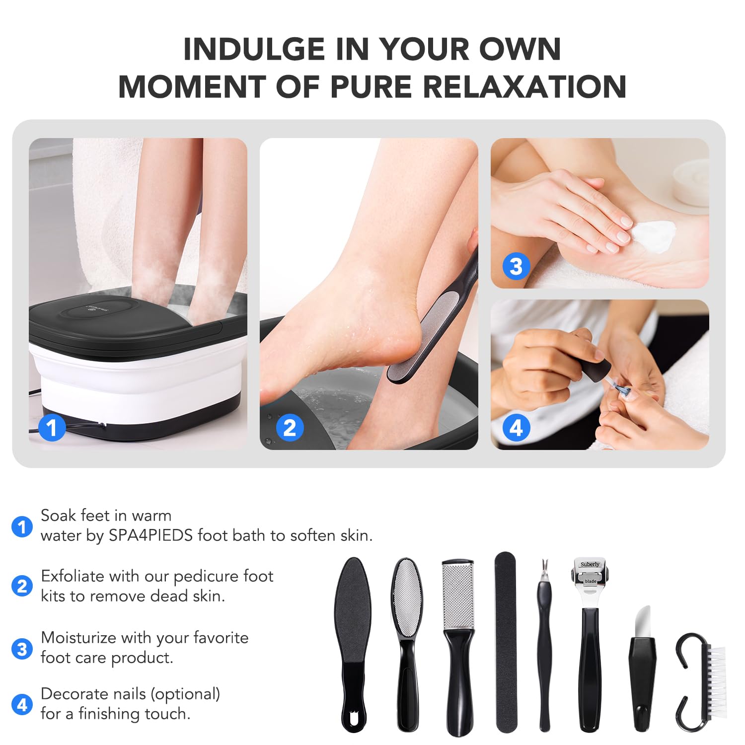 SPA4PIEDS Collapsible Foot Spa Bath — Heat, Massage Rollers & 10-in-1 Pedicure Kit
