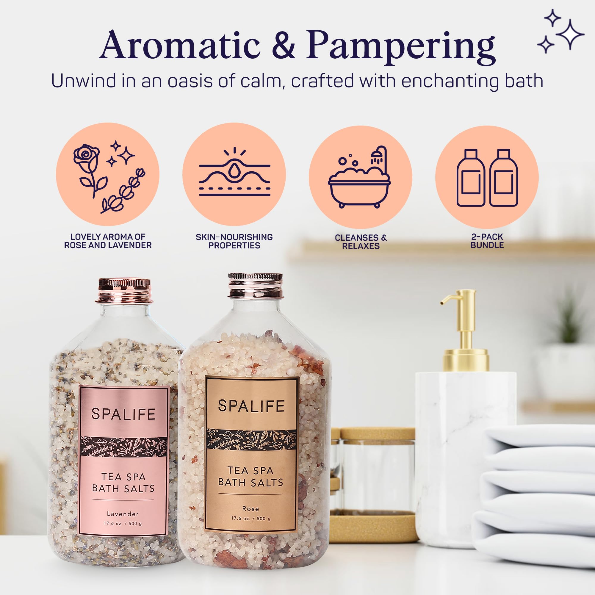 SpaLife Effervescent Rose & Lavender Bath Salts – Dead Sea Mineral Soak Duo (2 x 17.6 oz)