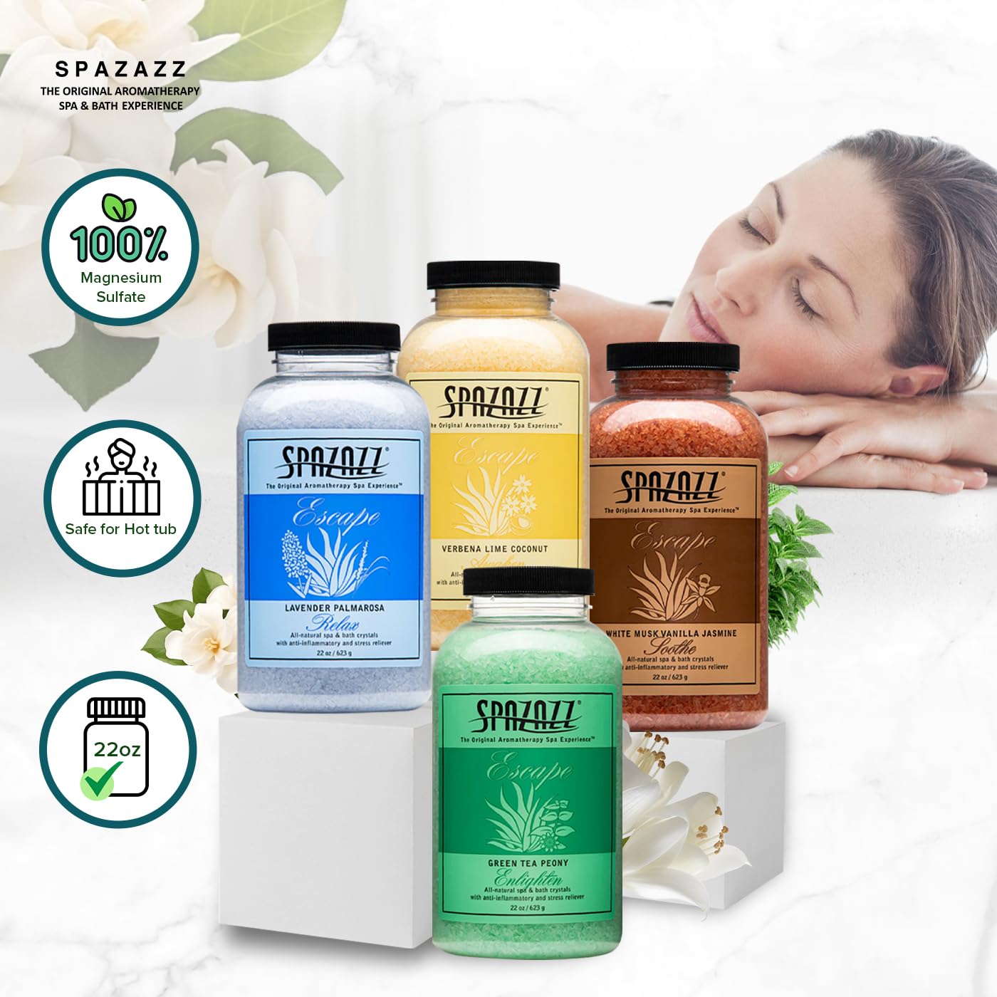 Spazazz Escape Collection 4-Pack: Hot Tub & Spa Bath Salt Aromatherapy