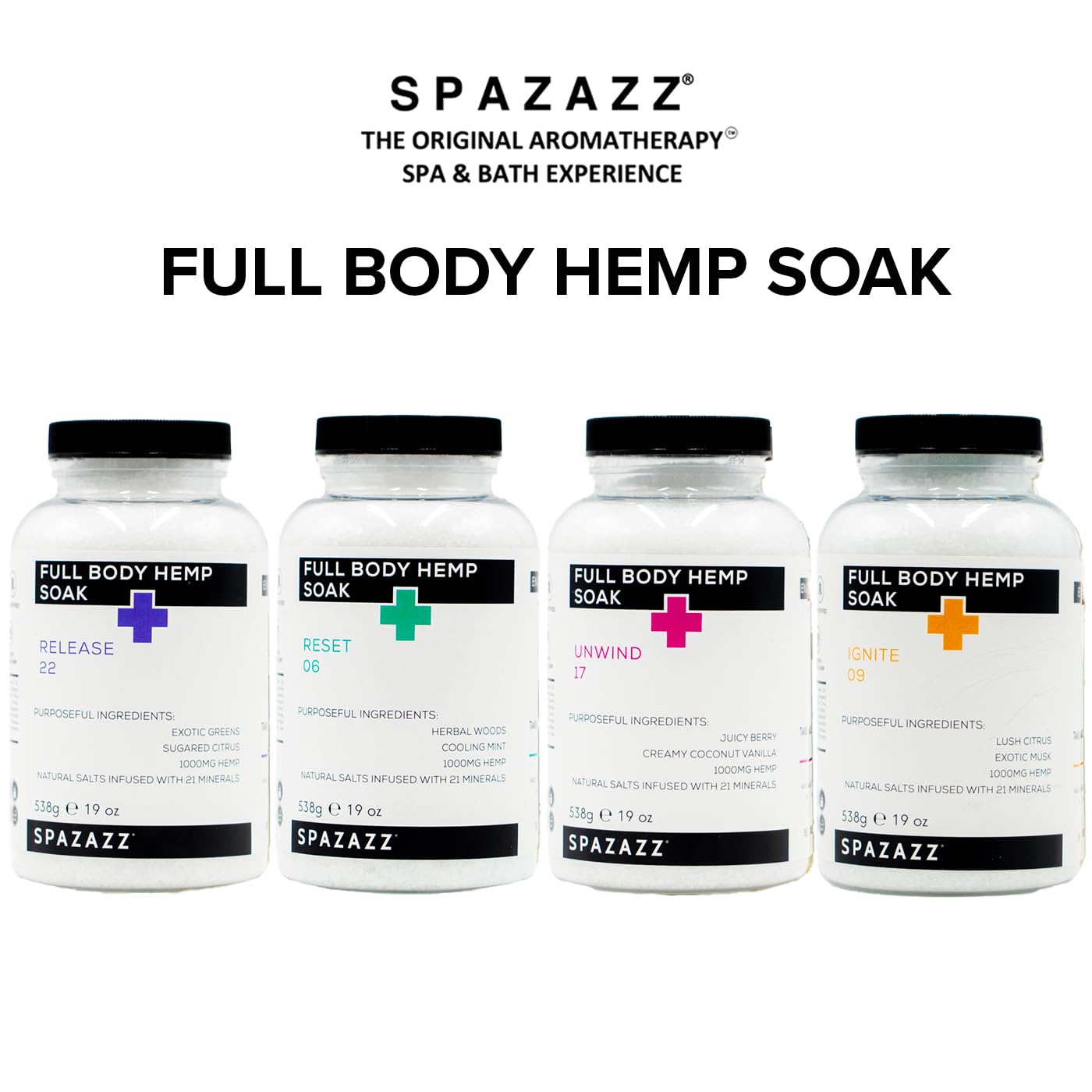 Spazazz Full Body Hemp Soak - 1000mg Hemp - Spa Aromatherapy Bath Salt Crystals - 538g / 19oz (Reset 06)