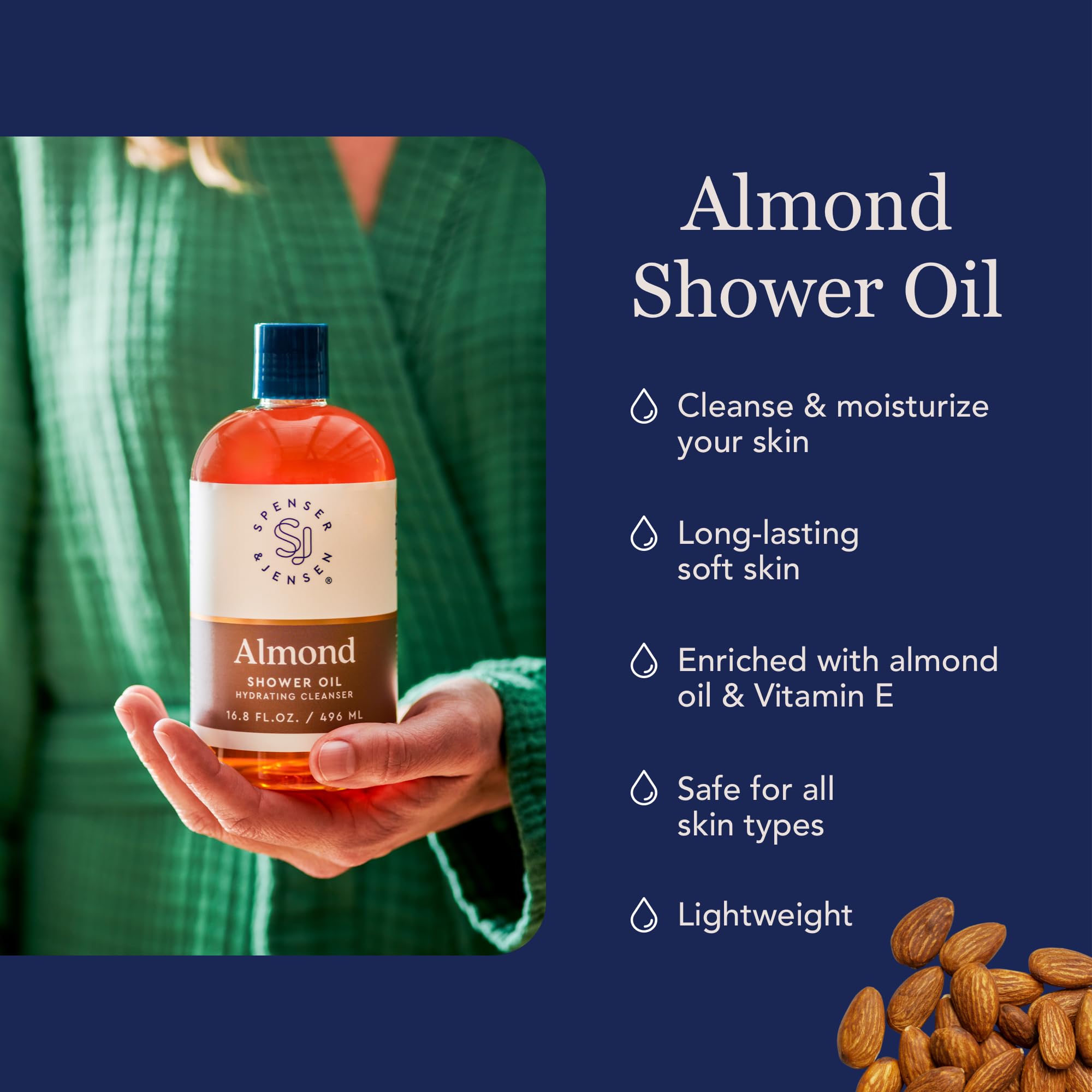 Spenser & Jensen Hydrating Almond Shower Oil - Sulfate-Free Moisturizing Body Wash for All Skin Types - 16.8 oz