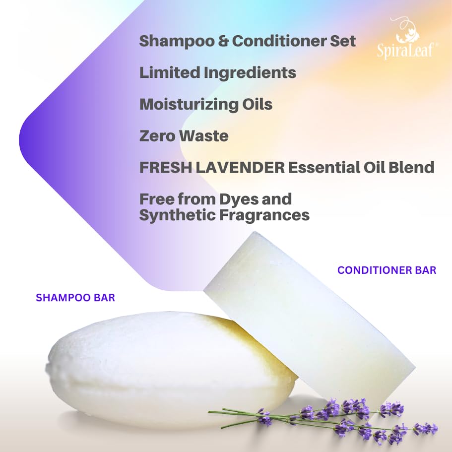SpiraLeaf Solid Shampoo Bar & Conditioner Bar Set — Fragrance-Free, Dye-Free, Lavender-Bergamot Blend, Limited Ingredients