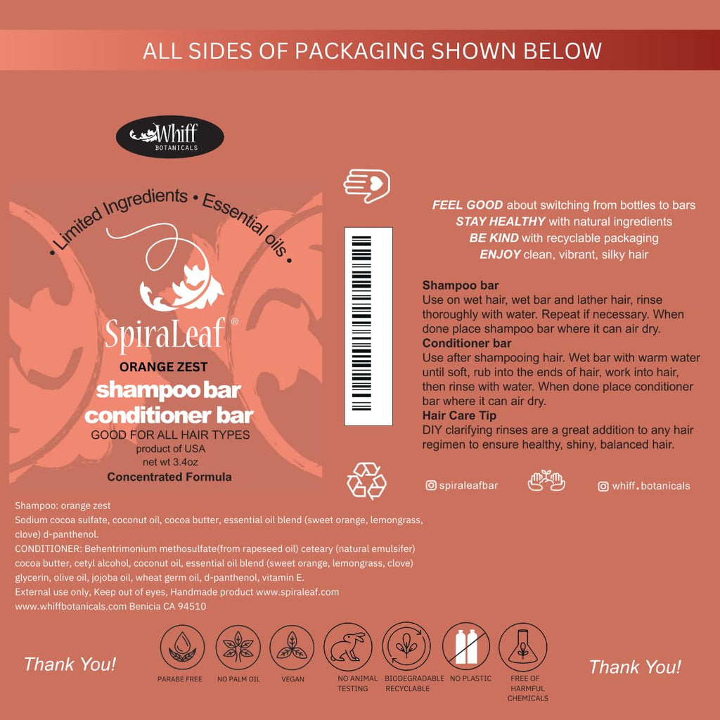 Spiraleaf Orange Zest Shampoo Bar & Conditioner Bar Set – Fragrance-Free, Limited Ingredients