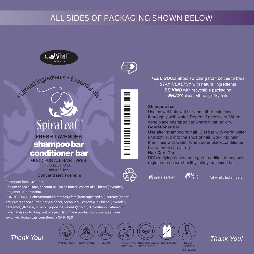 SpiraLeaf Solid Shampoo Bar & Conditioner Bar Set — Fragrance-Free, Dye-Free, Lavender-Bergamot Blend, Limited Ingredients