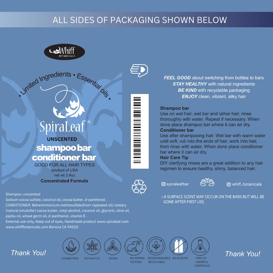 Spiraleaf Solid Shampoo Bar & Conditioner Bar Set – Unscented, Fragrance-Free, Limited Ingredients