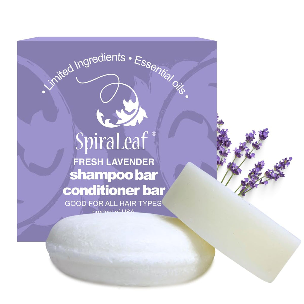 SpiraLeaf Solid Shampoo Bar & Conditioner Bar Set — Fragrance-Free, Dye-Free, Lavender-Bergamot Blend, Limited Ingredients