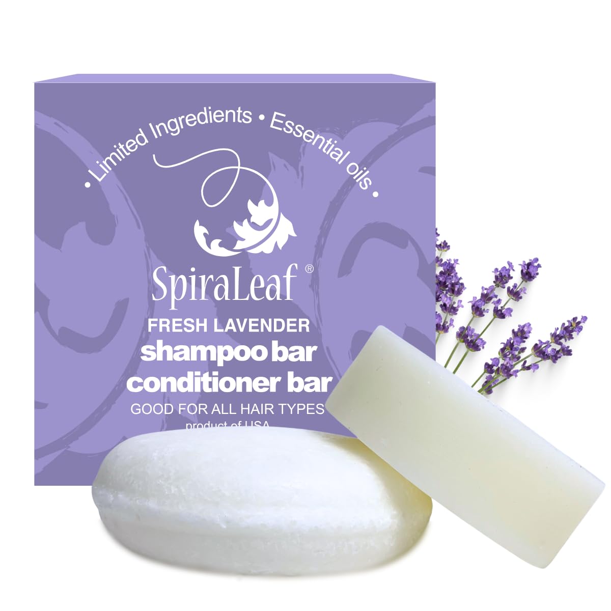 SpiraLeaf Solid Shampoo Bar & Conditioner Bar Set — Fragrance-Free, Dye-Free, Lavender-Bergamot Blend, Limited Ingredients