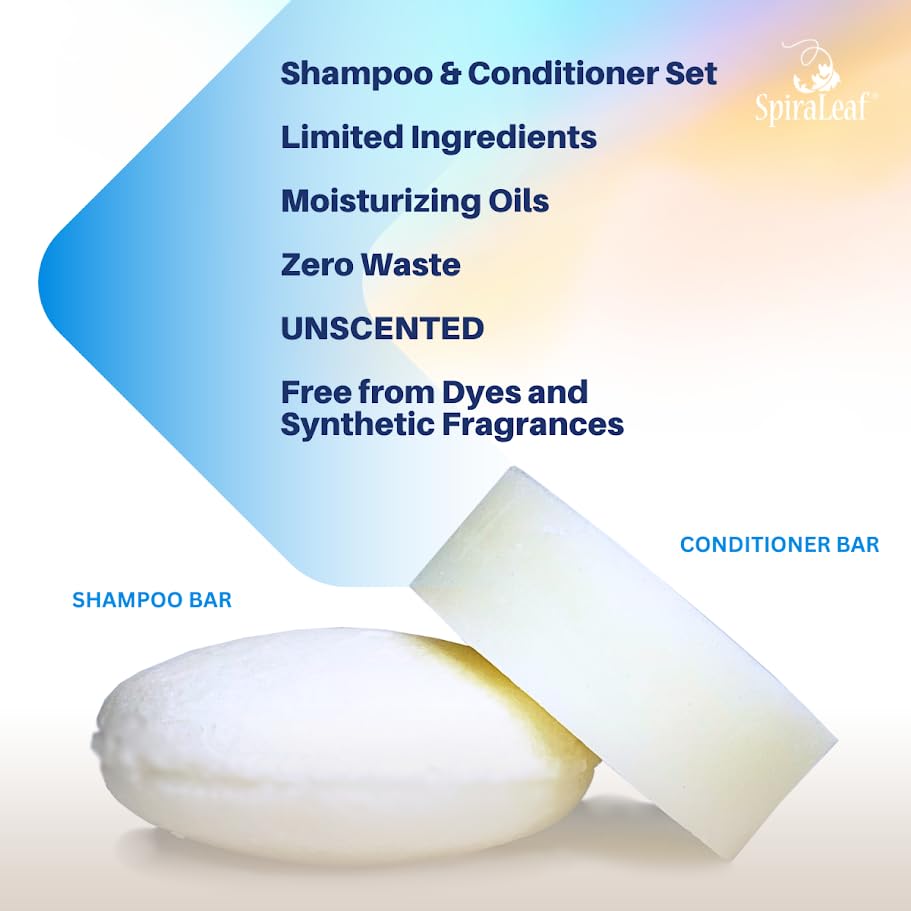 Spiraleaf Solid Shampoo Bar & Conditioner Bar Set – Unscented, Fragrance-Free, Limited Ingredients