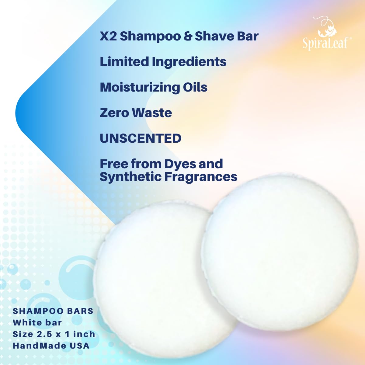 Spiraleaf Solid Shampoo Bars x2 – Unscented, Fragrance-Free, All Hair Types, USA Crafted