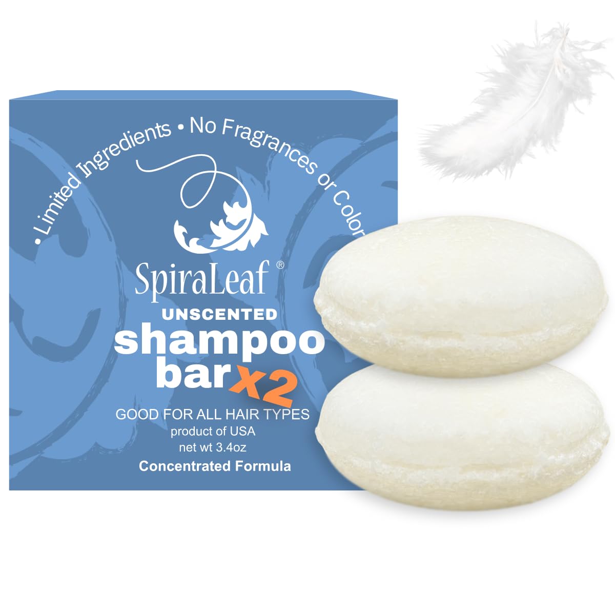 Spiraleaf Solid Shampoo Bars x2 – Unscented, Fragrance-Free, All Hair Types, USA Crafted