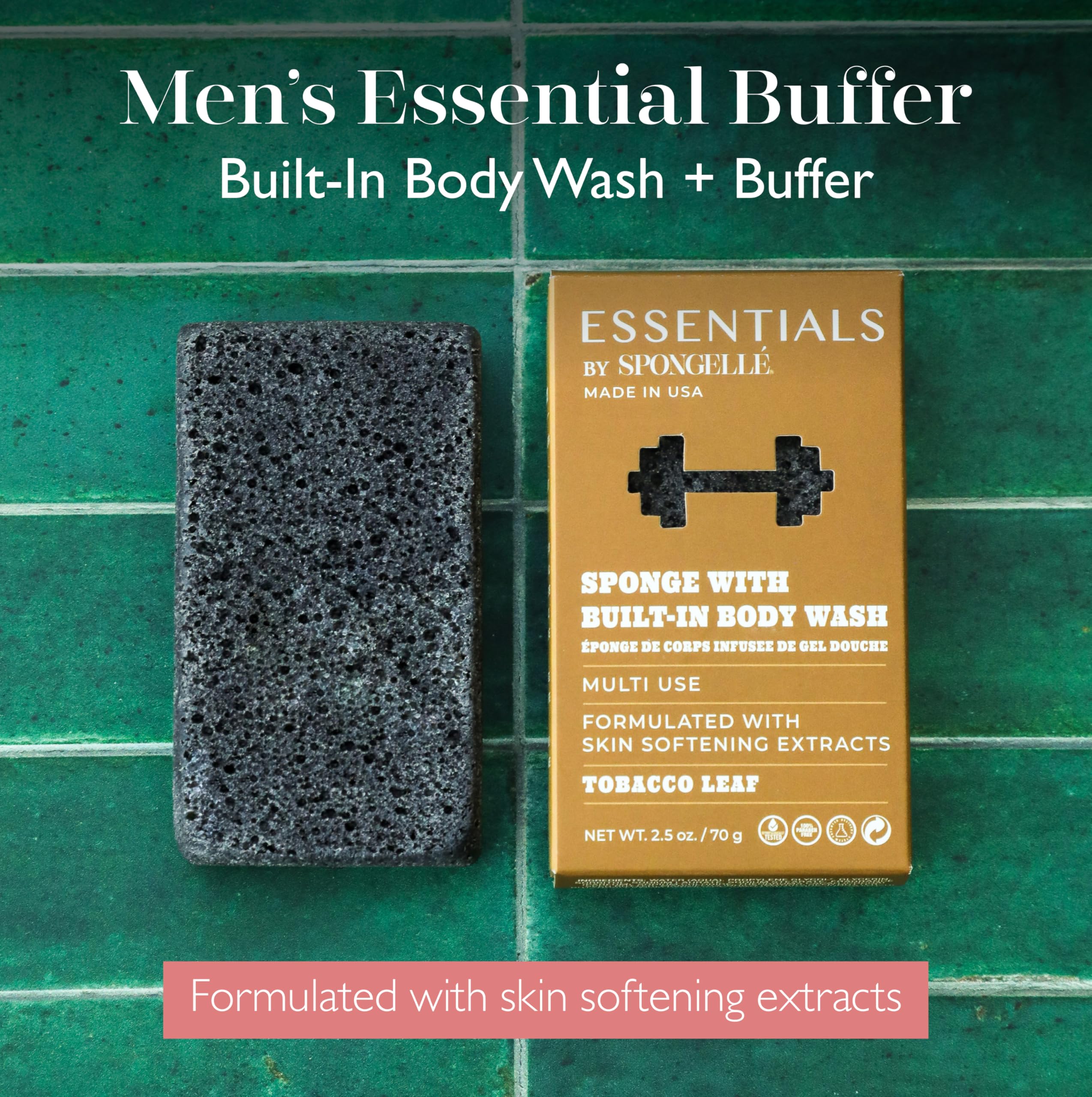 SPONGELLÉ Men’s Tobacco Leaf Buffer – 3-in-1 Cleanse, Exfoliate & Moisturize | Made in USA