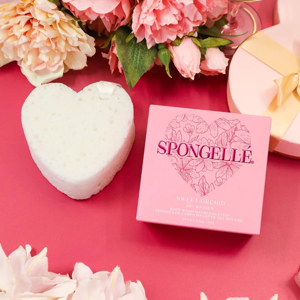 Spongellé Sweet Orchid Heart Buffer – Exfoliating Body Wash Sponge | Romantic Gifts