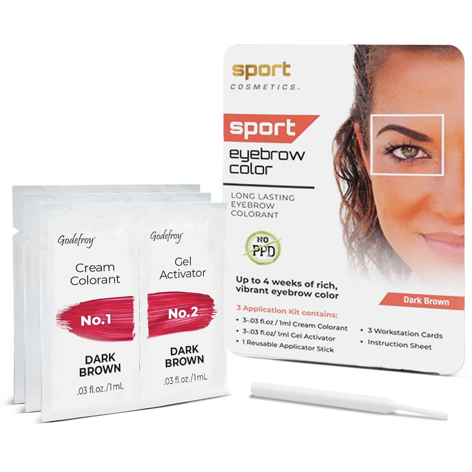 Sport Cosmetics Eyebrow Color for Women – 3-Application Kit, Dark Brown