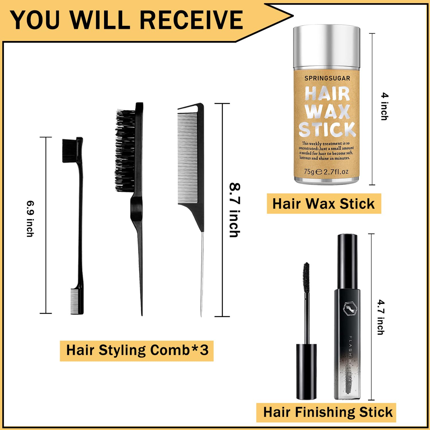 SPRINGSUGAR 5 Pcs Hair Wax Stick Set for Flyaways | Strong Hold, Edge Control & Styling Tools for Women