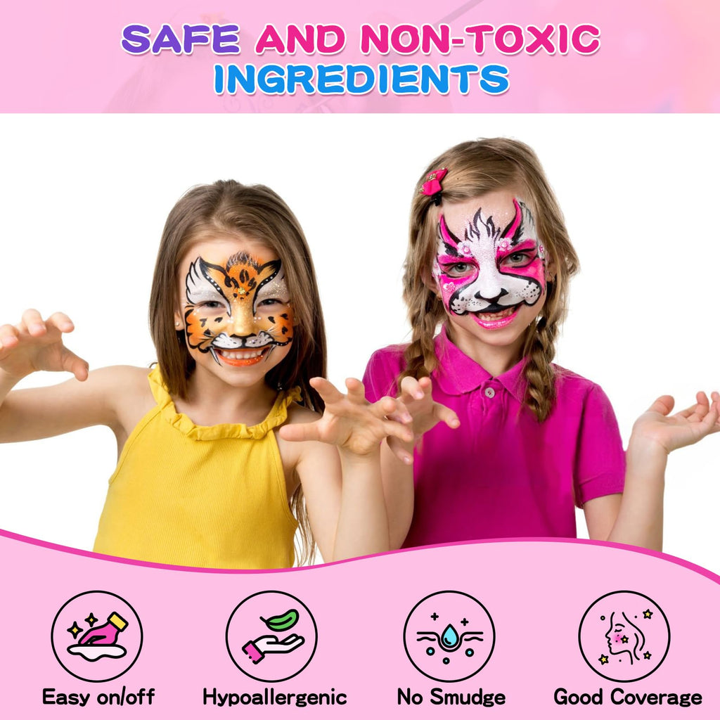 SPXKD Face Painting Kit for Kids & Adults — 12x10g Split Cake Palette, Glitter Colors, Shadow Sticks