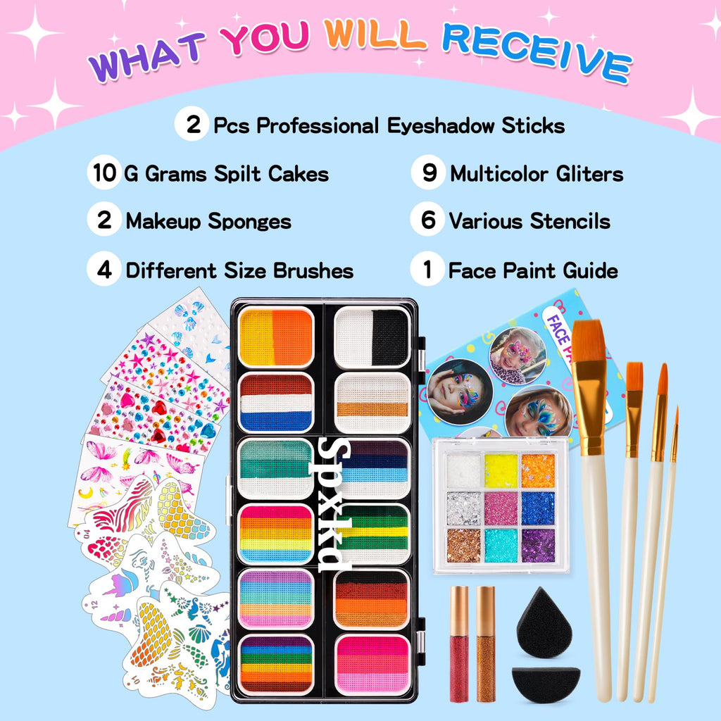 SPXKD Face Painting Kit for Kids & Adults — 12x10g Split Cake Palette, Glitter Colors, Shadow Sticks