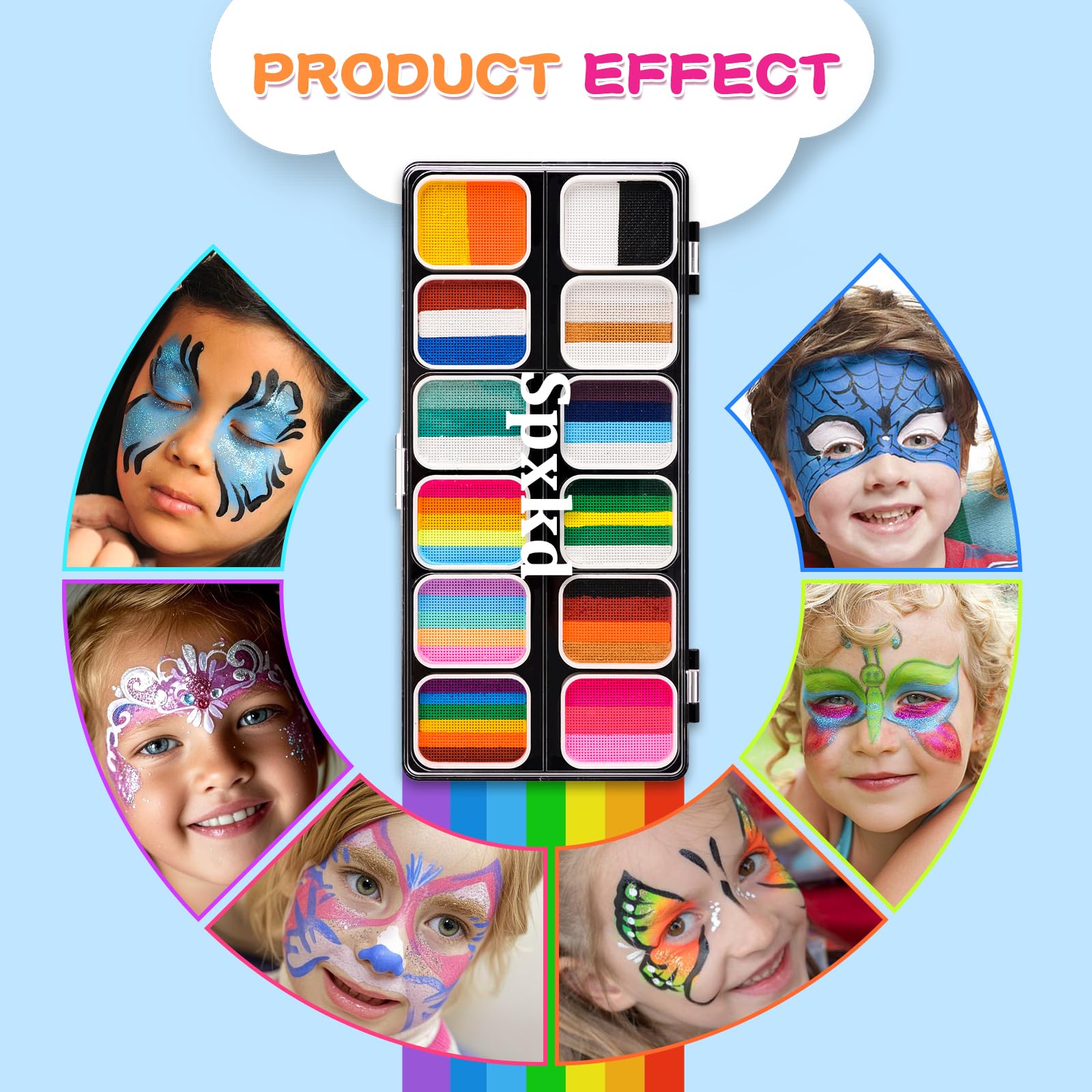 SPXKD Face Painting Kit for Kids & Adults — 12x10g Split Cake Palette, Glitter Colors, Shadow Sticks