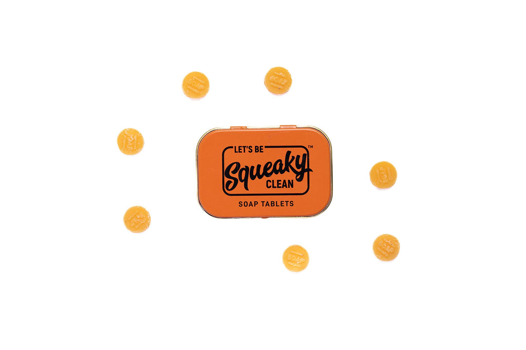 SqueakyClean Soap Tablets – 30 Tabs in Tin (Charcoal, Orange, Lavender) – Travel Pack