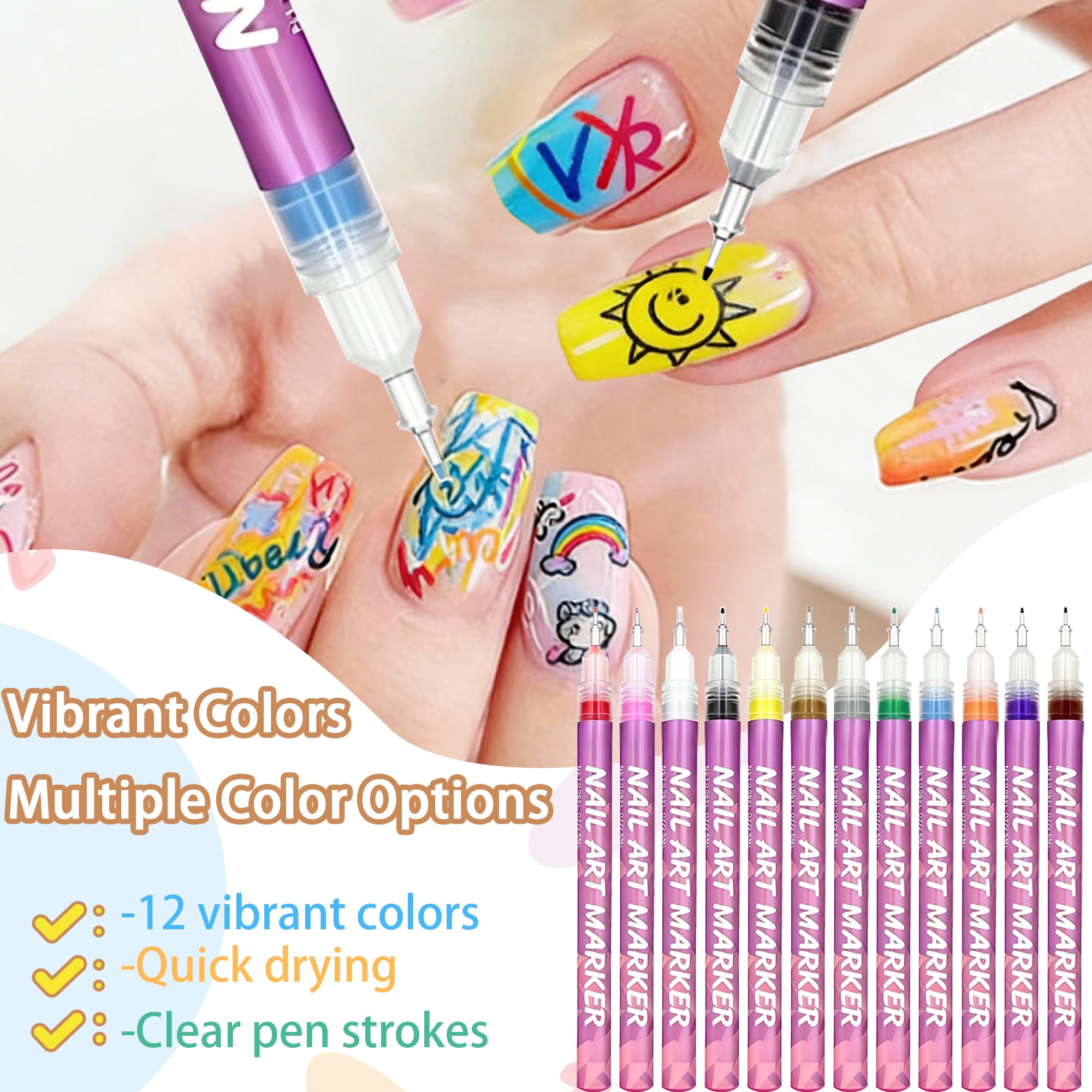 SRIOIO Nail Art Pens Set – 12 Colors, 0.5mm Fine Tip for DIY Nail Art