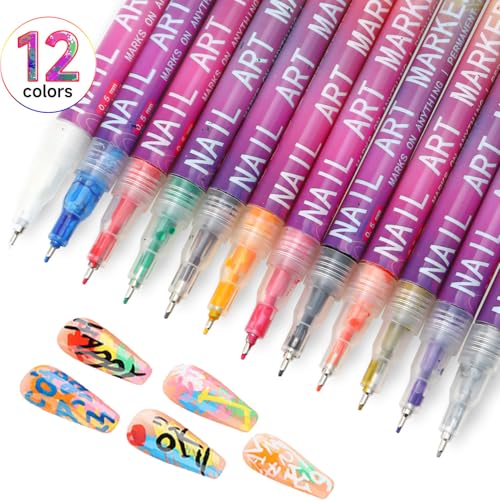 SRIOIO Nail Art Pens Set – 12 Colors, 0.5mm Fine Tip for DIY Nail Art