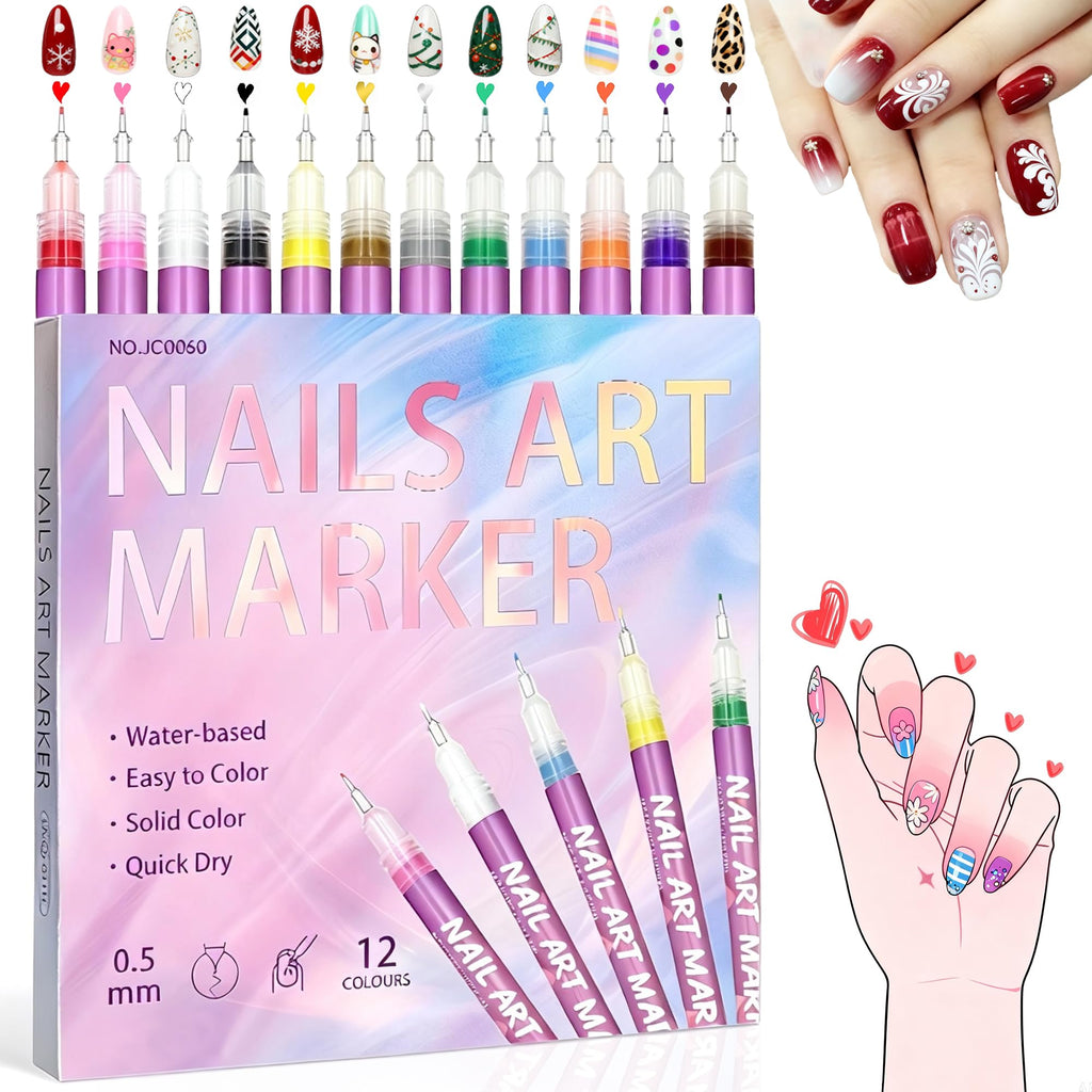 SRIOIO Nail Art Pens Set – 12 Colors, 0.5mm Fine Tip for DIY Nail Art