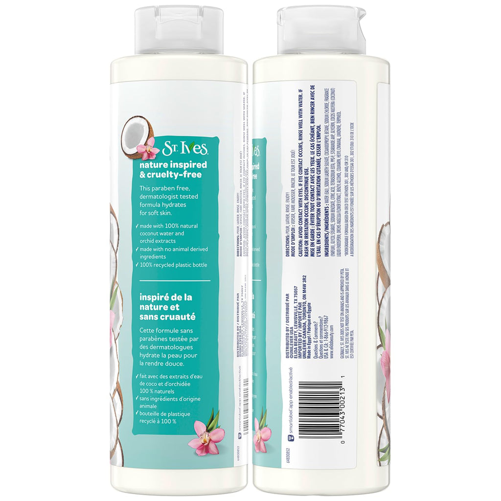 St. Ives Coconut Water & Orchid Hydrating Shower Gel 2-Pack – 22 oz Each | 100% Natural Extracts